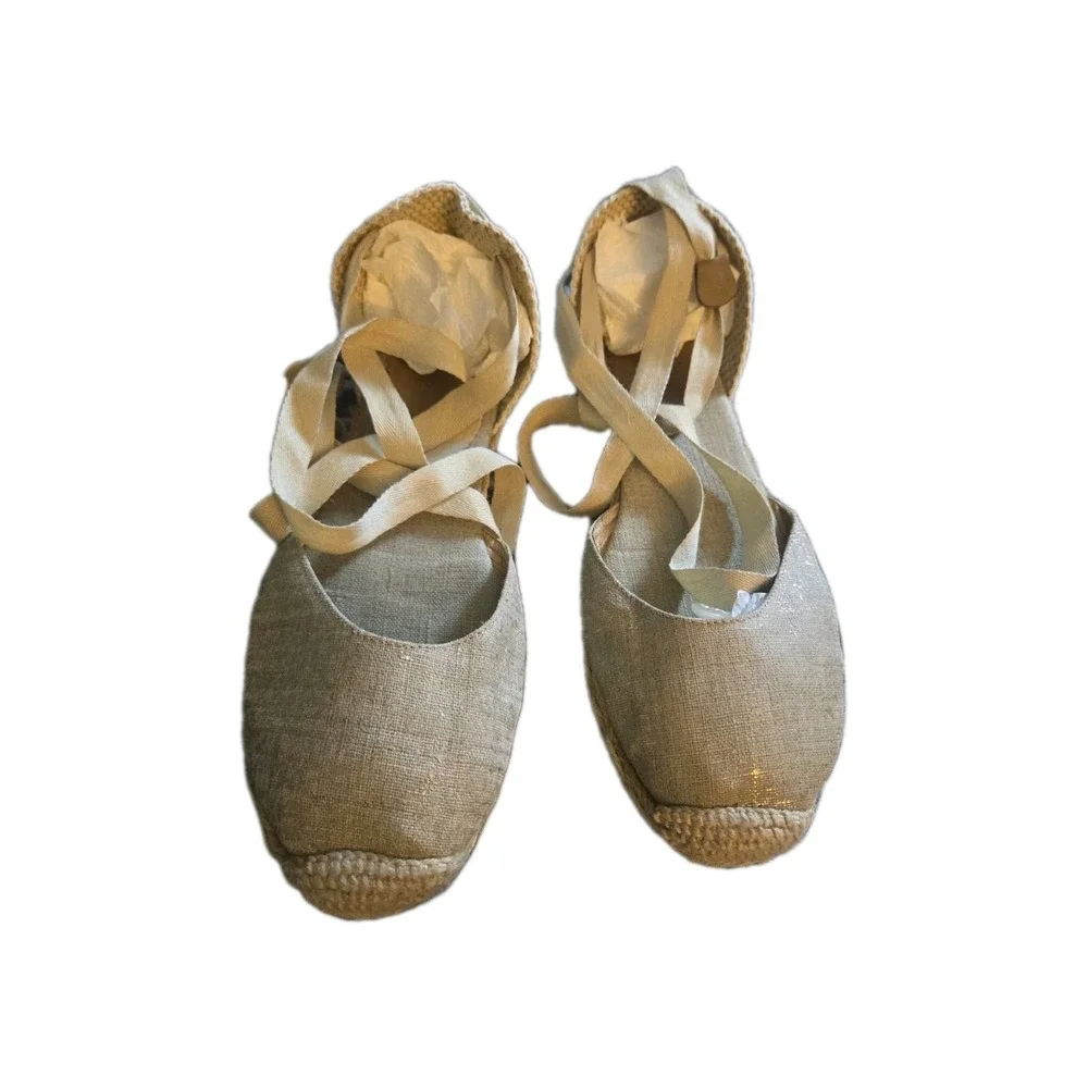 J.Crew Women's Lace-Up Espadrille‎ Flats Size 8 Beige Canvas Jute Summer Shoes